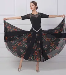 新品 未使用  新作 練習着からダンスパーティーまで花柄スタンダードワンピース！ストーン付き！ 社交ダンスドレス ラテンダンス衣装 レッスンウェア ステージ衣装