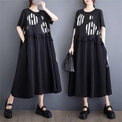 夏 レディース 即購入OK 半袖 ワンピース ドレス 丸首 tシャツワンピース サマードレス フリル 切り替え ドッキング ロング ミモレ丈 ゆったり 体型カバー プリント シンプル おしゃれ カジュアル zhangban276