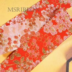 紅桜ジャガード着物和柄リボン　3.8cm/2m