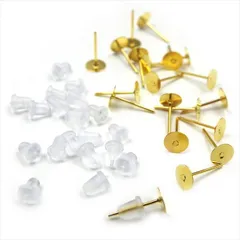 V-026 平皿ピアスピン 6mm & 樹脂ピアスキャッチ 6mmセット【ゴールド】各20個 10組 貼り付け ポストピアス ピアスピン シリコンキャッチ バックキャッチ メタル 金属 ハンドメイドアクセサリーパーツ