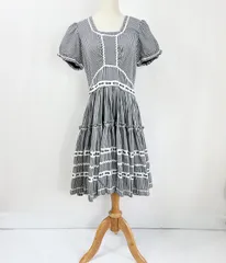 70s 80s ビンテージ USA製 半袖 ギンガムチェック ティアード フレア ワンピース ドレス  輸入古着 レディース ヴィンテージ vintage 70年代 80年代  アメリカ製【S149-404】