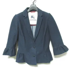 美品 BURBERRY BLUE LABEL バーバリーブルーレーベル デニムライク 七分袖 ペプラム テーラードジャケット 38 ネイビー レディース 古着 中古 USED