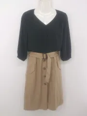 ◇ ◎ MEW'S REFINED CLOTHES バイカラー 切り替え 七分袖 膝下丈 ワンピース サイズM ブラック ブラウン系 レディース P  【中古】 【1211180002442】