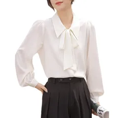 【人気商品】春 カジュアル 可愛い 白 おしゃれ ゆったり エレガント 着痩せ ボウタイ 体型カバー 長袖 爽やか 長袖 リボン付き 前開き 前開きパフスリーブ トップス レディース 通勤 シャツ ボウタイブラウス カジュアル [xppe]