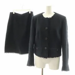 フォクシー FOXEY スーツ セットアップ ノーカラージャケット フレアスカート ひざ丈 ツイード 絹 シルク 42 紺 ネイビー 16455-SW0308 /AN37のサムネイル