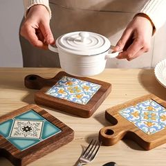モロッカンタイル ウッドカッティングボード1ピース、木製コースター、和風花レンガ無垢材断熱マット、家庭用レトロ松花木のプレースマット、グリドルマット、部屋の装飾