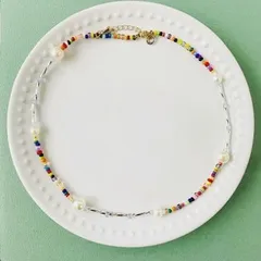 マルチカラーとシルバーのビーズネックレス