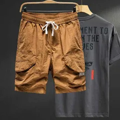 種類12：2XL/F：キャラメル+Tシャツ メンズ 男性用 ファッション オシャレ シンプル 大人 かっこいい ストリート ヒップホップ HipHop 夏 アイスシルク 薄手 カジュアル 夏 マルチ ポケット ハーフ パンツ アウトドア スポーツ パンツ