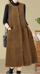 【ブラウン】コーデュロイ ワンピース ロング丈 ノースリーブ Vネック ボタン Aライン 体型カバー 秋冬