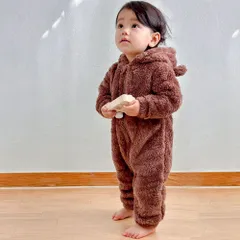 ふわもこ 着ぐるみ カバーオール もこもこ ジャンプスーツ ベビー 男の子 女の子 アウター 長袖 60 70 80 90 100[kumaca-brown]