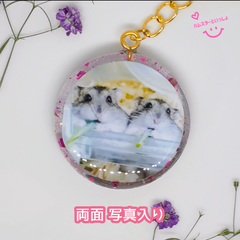 【１点限り】【おまけ付き】レジンキーホルダー  両面写真入り ハンドメイド ハムスターといっしょ だいきち&モンきち「ブロッコリーの葉」バージョン (小さめ)