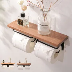 トイレットペーパーホルダー　無垢材　天然木　木製　棚付　アイアン　おしゃれ　２連　パイン材　小物置き　簡単設置　補充楽　飾り棚　紙巻器　ペーパーホルダー　トイレットペーパー　　収納　トイレ用品　インテリアリモコン対応紙巻器のサムネイル