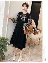【売り切りセール】チェック リボン ワンピース 　大きいサイズ 3L ブラック 黒 プリーツ レディース ロング 長袖 ドレス プリーツスカート  ハイウエスト Aライン ミモレ丈 ロング丈