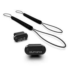 新品 alumania USB Type C キャップ【ブラック】紛失防止用にケース類へ接続可能なストラップ付属 印刷ロゴデザイン違いの2種セット