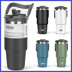 TYESO タンブラー ストロー付き 1050ml コーヒー 水筒 魔法瓶 保温保冷 取っ手付ケトル 真空断熱 二重構造 広口 大容量 直飲み 漏れない ホームオフィス アウトドア 女の子 男の子 ブラック