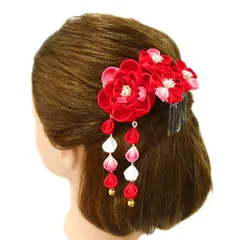 七五三 髪飾り 三歳 七歳 日本髪 つまみ細工 赤 花 2点セット ピンク 白 ちりめん 下がり 鈴 ビラ パール ピン ぱっちんピン No.12-0130
