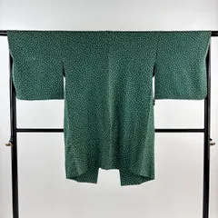 道中着 身丈97cm 裄丈67cm M 和装コート 幾何学模様 地紋 絞り 緑 正絹 名品 【中古】