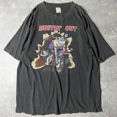 雰囲気系 90s バイク イラスト プリント 半袖 Tシャツ / 90年代 ハーレー ファイア 墨黒 ブラック 襤褸 ボロ シングル ステッチ
