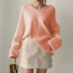 ☆ ピンク ☆ Vネック トップス 裾サイドスリット入り ニット レディース 長袖 Vネック セーター ニットセーター プルオーバー トップス かわいい おしゃれ サイドスリット ゆったり シンプル 無地 カジュアル きれいめ 通勤 通学 お出かけ