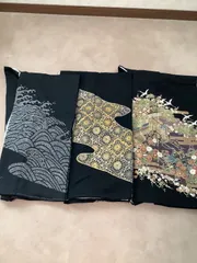 （値下）正絹　黒留袖　リメイク用　着物　波　金駒刺繍　御所車　3枚セット