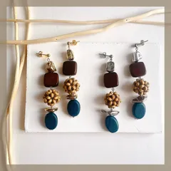 天然素材アクセ【ステンレス24KGP 本金メッキ】ハンドメイドピアス ウッドデザイン メタル シルバー ゴールド イヤリング アレルギー対応