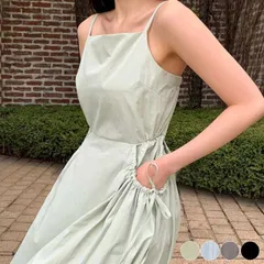 ワンピース レディース キャミソール ノースリーブ 韓国 キャミワンピース ロング丈 ロングワンピース リボン ポケット かわいい おしゃれ フェミニン Aライン 春 夏 ハイウエスト 黒 ブルー グレー グリーン