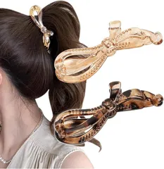 Herbeluemily(ハベルミリィ) バナナクリップ ヘアクリップ しっかり 髪留め リボン シンプル かわいい 2個セット(C クリアシャンパン+クリアべっ甲)