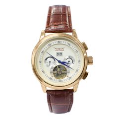自動巻き腕時計 メンズ腕時計 マルチカレンダー トリプルカレンダー デイデイト 日付表示 レザーベルト 男性用 ゴールドホワイト