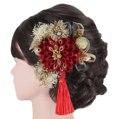 髪飾り 成人式 つまみ細工 玉飾り カスミソウ シフォンジョーゼット パールビーズ 房 ゴールド 振袖 前撮り 袴 花 葉 赤 ダー No.9-5539