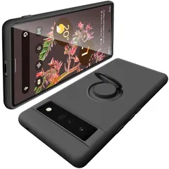 Google Pixel 6 ケース 耐衝撃 スタンド機能付き リング付 ピクセル6 リング スマホケース マット感 液体シリコン ソフト 360回転車載ホルダー (ブラック) 0
