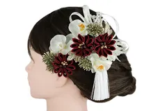 髪飾り 成人式 振袖 3点セット 赤 白 ゴールド つまみ細工 剣つまみ 房 房付き 組紐 造花 レース リボン カスミソウ 大きい 小 No.9-5379