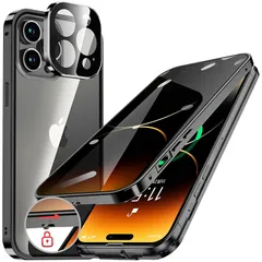 HGUTREY【覗き見防止・自動ポップアップボタン】 iPhone14 Pro Max 用 ケース 【ロック付き】【ストラップホール付き】一体型レンズ保護 両面9H強化ガラス iPhone14プロマックスケース 耐衝撃 アルミ バンパー メタルフレーム ス 0