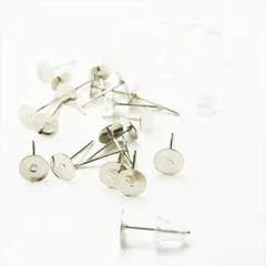 V-028 平皿ピアスピン 6mm & 樹脂ピアスキャッチ 6mmセット【シルバー】各20個 10組 貼り付け ポストピアス ピアスピン シリコンキャッチ バックキャッチ メタル 金属 ハンドメイドアクセサリーパーツ