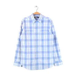 90s ラルフローレン オンブレーチェック ウエスタンシャツ ライトブルー ボタンダウン 長袖シャツ 水色 BDシャツ サイズS 古着 @CA1367