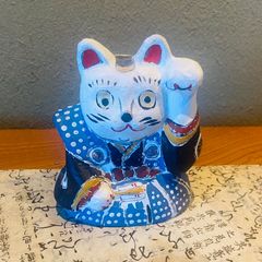 希少 美品 三寸招き猫 右手挙げ 招き猫 入れ墨 刺青 座布団 桐箱付き