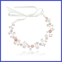 撮影 和装 ダンス パーティー 写真 卒業式 披露宴 発表会 結婚式 子供 ヘアアクセサリー 花冠 クリスタルビーズ ヘッドドレス 大人用 ホワイト リボン 花かんむり パール (Aローズゴールド) 花 髪飾り サムコス