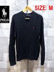 ポロラルフローレン 正規品 コットン ケーブル編み Vネック ニット 黒 M ブラック POLO RALPH LAUREN セーター ポニー ワンポイント