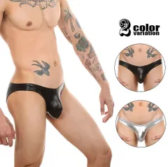 メンズ下着　ビキニーブリーフ　メンズ ビキニパンツ ストレッチ素材 ローライズ　光沢　モッコリ　エロパンツ　セクシー　下向き収納　フェイクレザ　メンズビキニ　SM  女王様 　メンズ ビキニ下着 ストレッチ素材 おしゃれデザイン　SJ0001