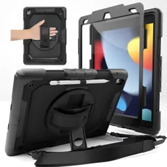 【数量限定】保護 キッズ ペン収納 フィルム 耐衝撃 付き カバー 10.2 ショルダー アイパッド ハンドストラップ 用 第7世代 360°回転 第8世代 スタンド 第9世代 ケース ブラック 9世代 黒 iPad factory IPD-7-SHOCK-B