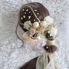 ヘッドドレス 髪飾り＊結婚式 成人式 卒業式 和装 打掛 振袖 袴~ボリューム多め リボン パール 和玉 ロープ 水引 金箔~くすみピンク ホワイト 白 17本