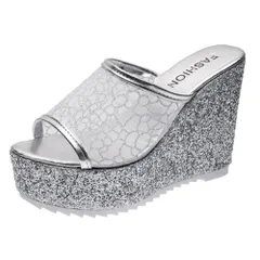 [ALVEIN] サンダル 厚底 シースルー ミュール ウェッジソール ラメ レディース ヒール グリッター キャバサンダル パーティ 歩きやすい 透け感 (シルバー, 23.0 cm) [シルバー] [23.0 cm]