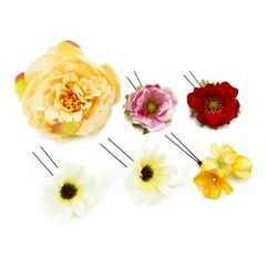 髪飾り 成人式 赤 振袖 前撮り 袴 花 6点セット ベージュ 白 薄ピンク 黄色 椿 マーガレット ラインストーン 豪華 ヘアアクセ No.8-2166