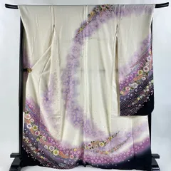 振袖 身丈168cm 裄丈69cm L 袷 辻が花柄 波 銀通し 金彩 クリーム 正絹 逸品 【中古】