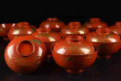 nona様専用【蔵A3261b】木製朱塗　絵替蒔絵　吸物椀　汁椀　十客