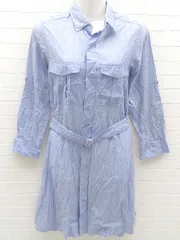 ◇ ◎ GALERIE VIE ギャルリー ヴィー ベルト付き ストライプ 七分袖 膝丈 シャツ ワンピース サイズ1 ブルー系 レディース  【1002800979608】のサムネイル