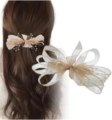 [Herbeluemily] ヘアクリップ リボン 髪留め ビーズ シフォン シアー フォーマル ブラウン [ブラウン]