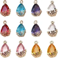 [LOYELEY] ラインストーン 6色12個セット しずく ガラスストーン カン付き チャーム クリア ローズ 花座 台座ゴールド ペンダント アクセサリー ピアス パーツ ピンク ハンドメイド 素材