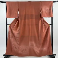 付下げ 身丈159cm 裄丈66cm M 袷 花鳥 霞 刺繍 ぼかし 茜色 正絹 美品 秀品 【中古】