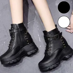 厚底ショートブーツベルト付 レースアップ ボリュームソール スタッズ スタイルアップ レディース