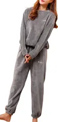 [アスペルシオ] ふわふわ ルームウェア 長袖 長ズボン かわいい セットアップ パジャマ レディース もこもこ 部屋着 上下セット 上下 ジャージセット スウェット 裏起毛 寝巻き 柔らかい ボタンなし あたたかい ボタン無し 丸 [パウダーグレイ] [L]